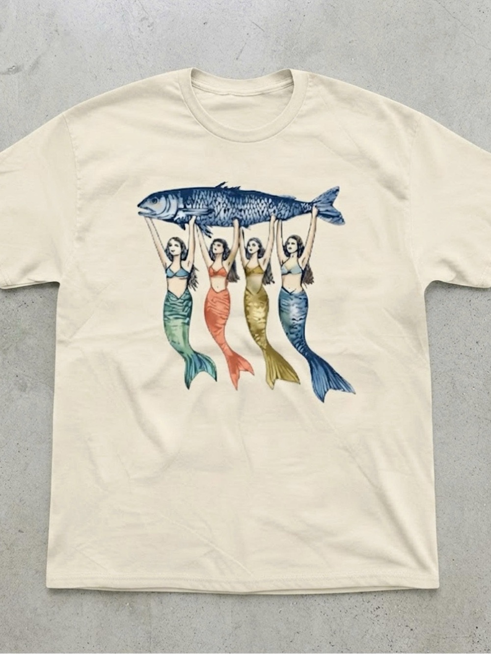 Mermaid Fish Graphic Cotton Gildan T-Shirt Cream